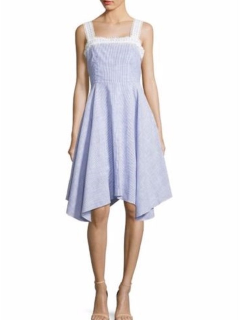 NWT Ivanka Trump Blue & White Striped Sleeveless Handkerchief Hem Dress Size 10